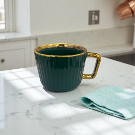 Green striped gold-edge ceramic mug, simple household water cup, office tea cup Green striped gold-edge ceramic mug, simple household water cup, office tea cup